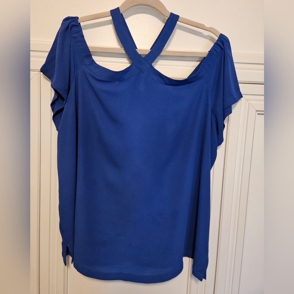 LOFT Blue Off Shoulder Blouse with Short Sleeves
